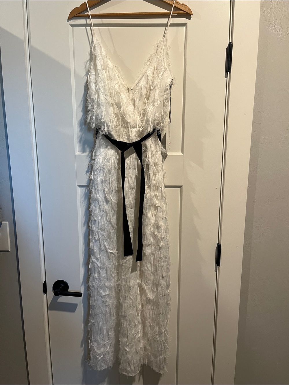 White Feather-Texture Maxi Dress with Black Tie Belt